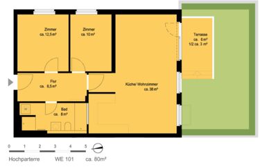 3 Zimmer, Hochparterre mit Mietergarten, ca. 81m²