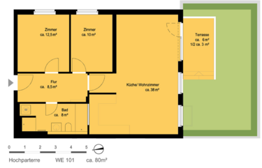 3-Zimmer-Wohnung, ca. 80 m², plus eigenem Mietergarten