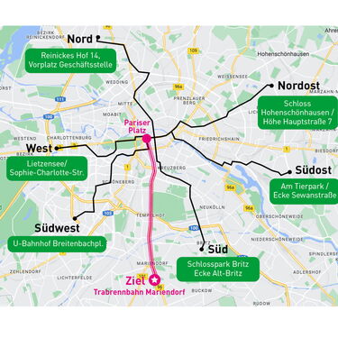 Eine Karte zeigt die U-Bahn-Stationen und Zielorte in Berlin, einschließlich Pariser Platz und Trabrennbahn Mariendorf.