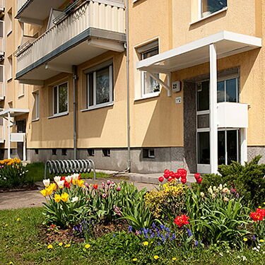 Ein Mehrfamilienhaus mit blühenden Blumenbeeten schmückt den Eingangsbereich an einem sonnigen Tag.