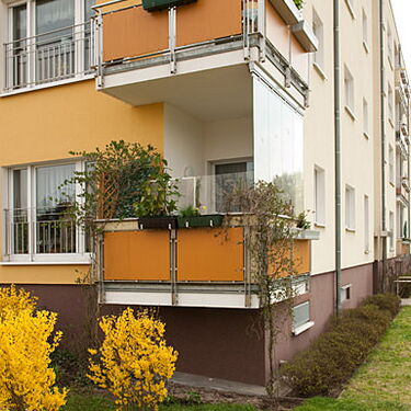 Ein modernes Wohngebäude mit gelben Fassaden und blühenden Sträuchern entlang eines Gehwegs bietet einen idyllischen Wuhleblick.