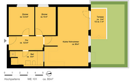 Grundriss einer 3-Zimmer-Wohnung mit Terrasse im Hochparterre, ca. 80 m², zeigt Zimmeraufteilung und Raumgrößen.