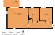 Grundriss einer Wohnung im 3. Obergeschoss mit zwei Zimmern, Küche, Bad, Flur und Balkon, Gesamtgröße ca. 69 m².